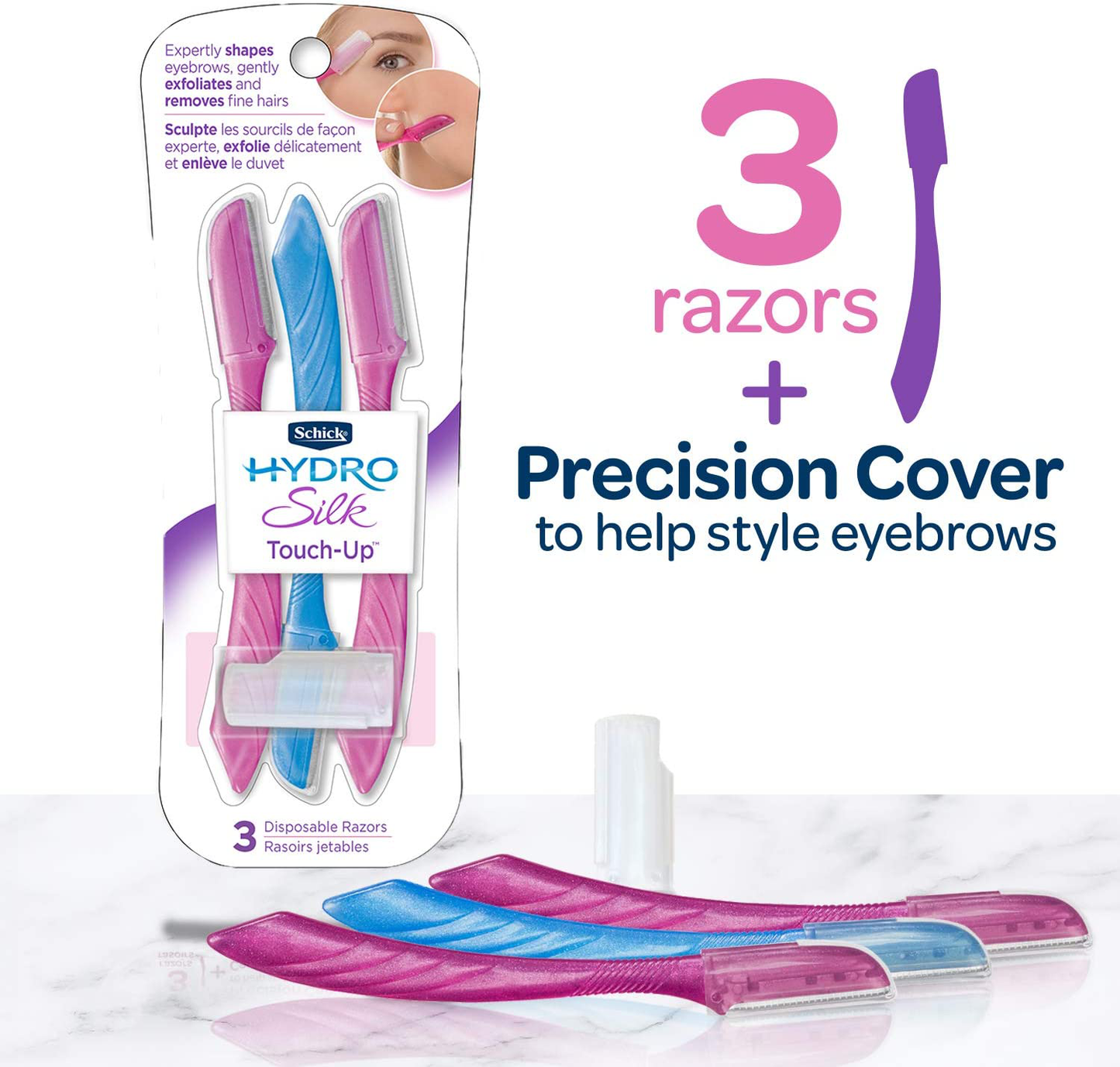 Schick Hydro Silk Touch-Up Multipurpose Exfoliating Dermaplaning Tool, Eyebrow Razor, and Facial Razor with Precision Cover, 3 Count (Packaging May Vary)