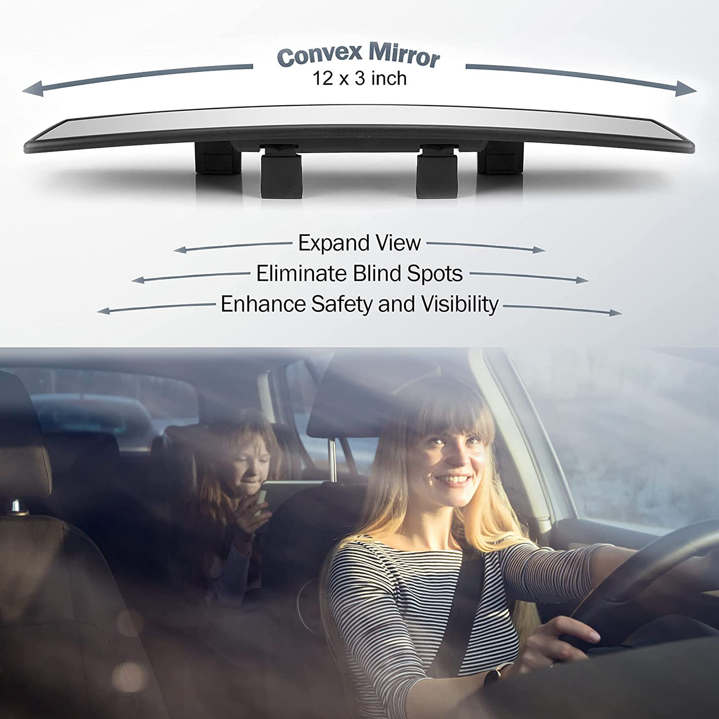 Verivue Mirrors Universal 12 Inch Interior Clip On Panoramic Rearview Mirror - Clear Tint - Wide Angle - For use in Car, SUV, Truck