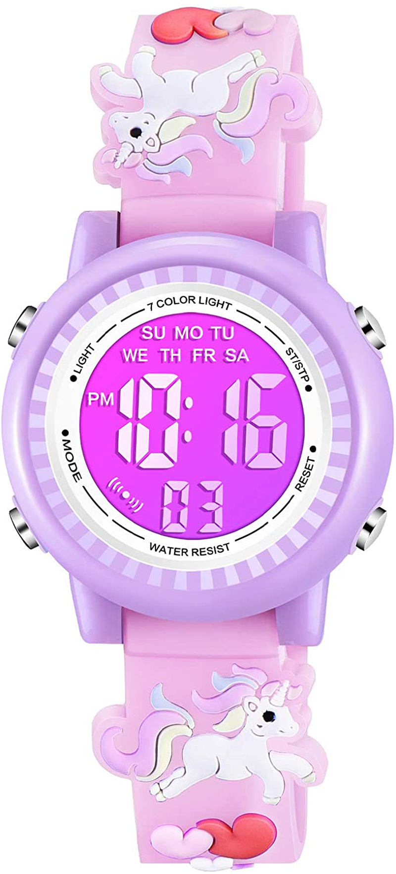 Venhoo Kids Watches 3D Cartoon Waterproof 7 Color Lights Toddler Wrist Digital Watch with Alarm Stopwatch for 3-10 Year Girls Little Child