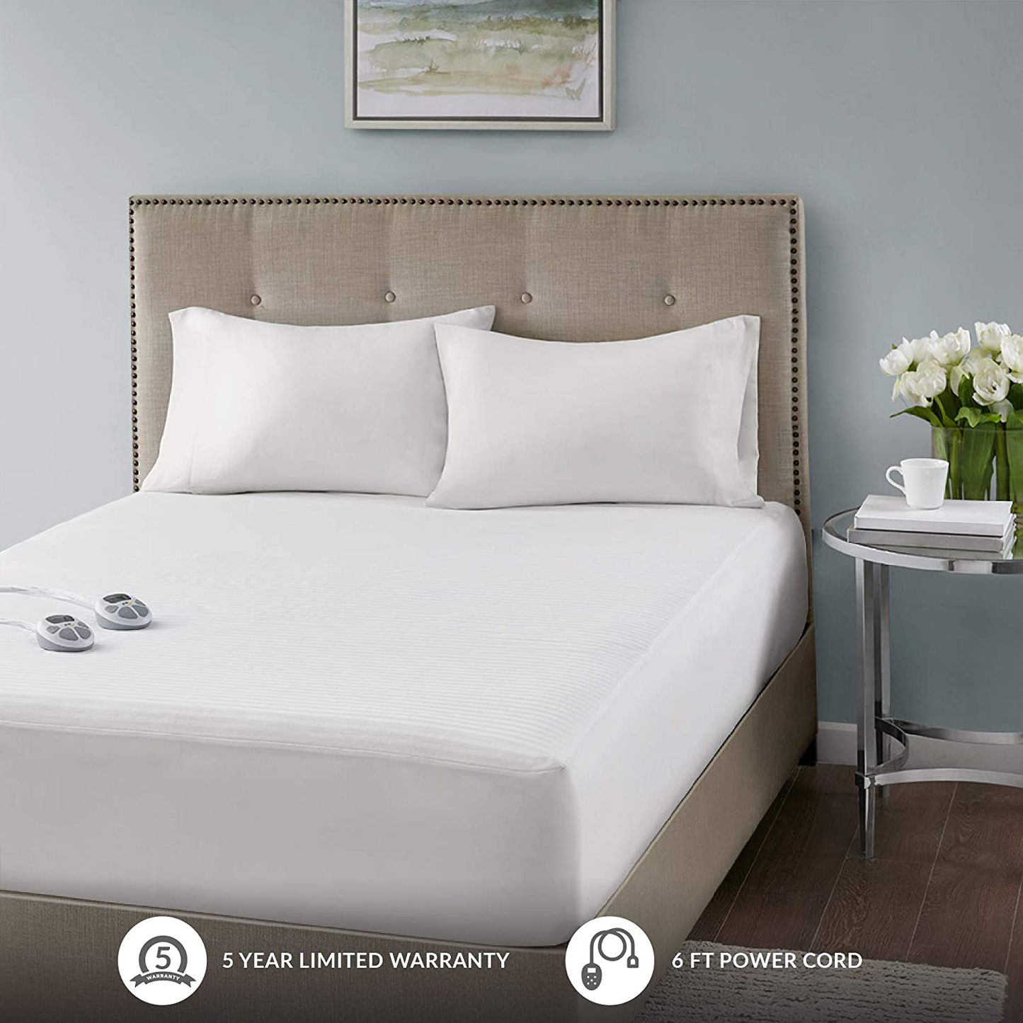 Serta Waterproof Mattress Pad-Cotton Blend Electric Bed Warmer with 10 Heat Settings Controller Zero Radiation, Auto Shut Off, 18" Deep All Around Elastic Pocket, Twin XL, White