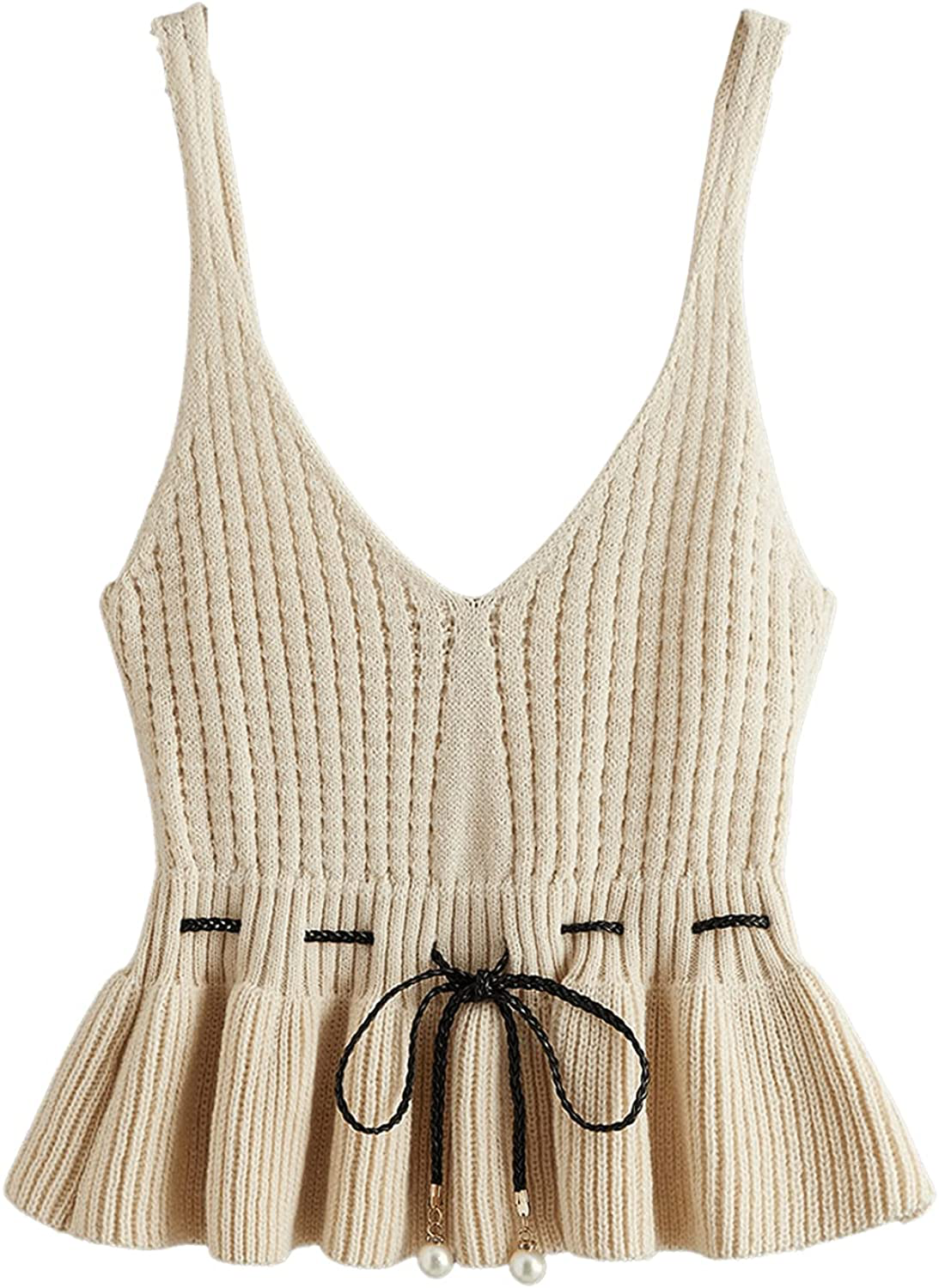 SweatyRocks Women's Casual Knit Top Sleeveless Ruffle Hem V Neck Peplum Crop Tank Top