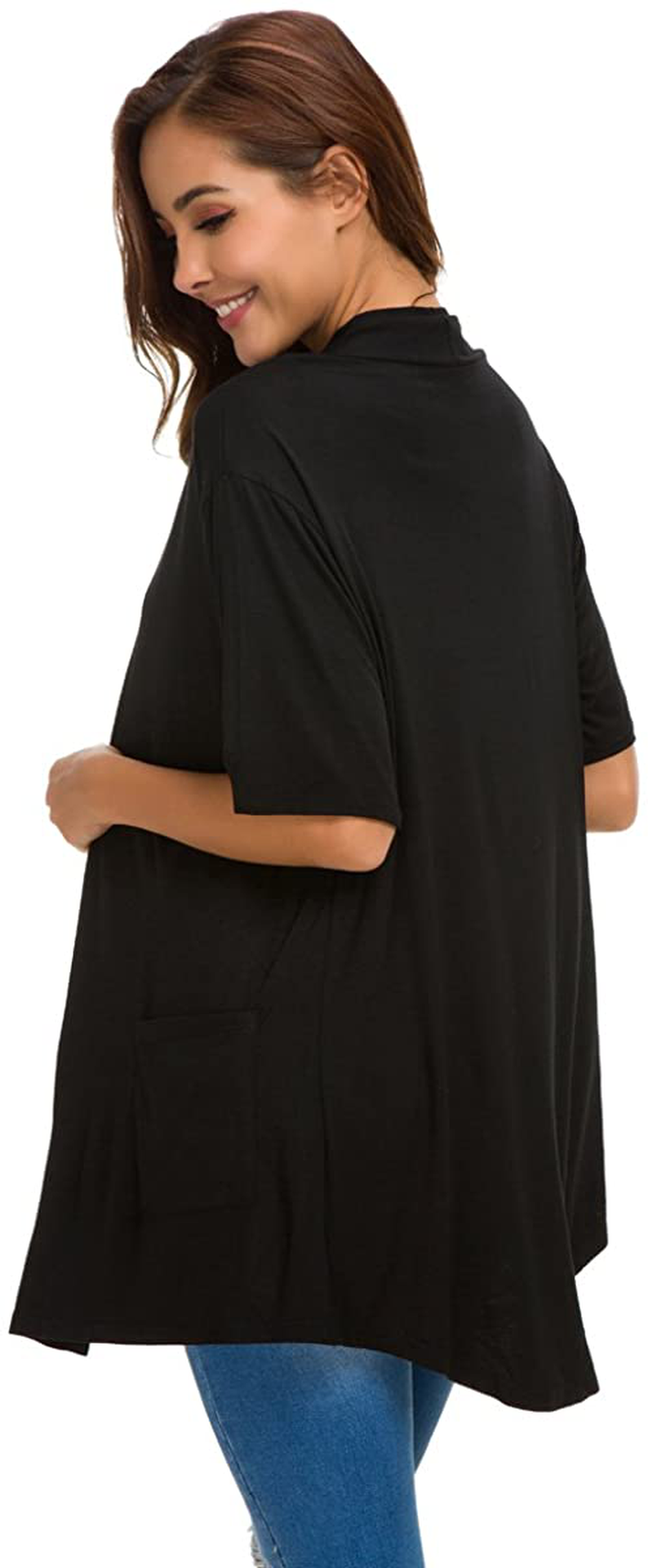 Womens Short Sleeve Open Front Lightweight Casual Comfy Long Line Drape Hem Soft Modal Cardigans Sweater with Two Pockets