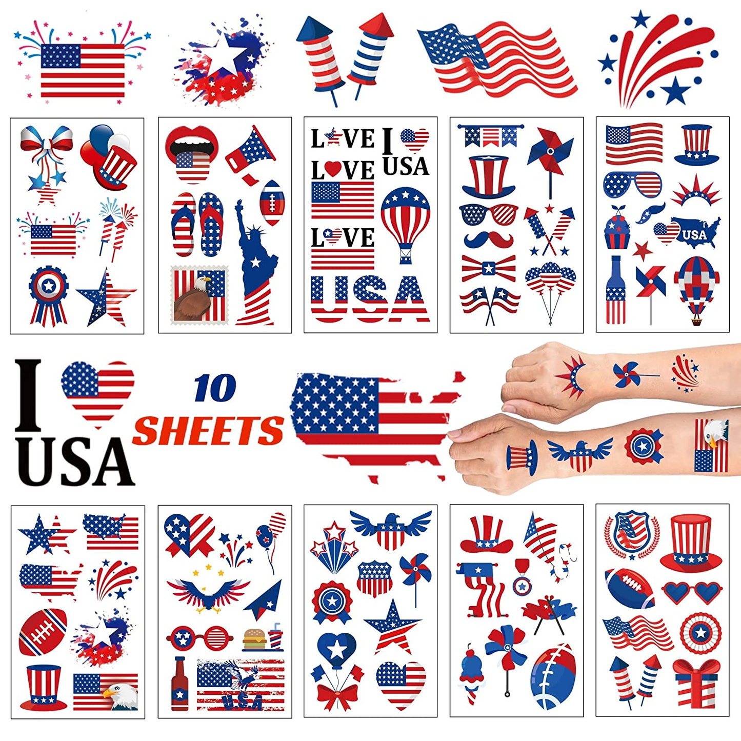 10 Sheets 4Th of July Temporary Tattoos, 80 Pcs Cute Waterproof Patriotic Tattoos for 4Th of July Decorations Patriotic Decor