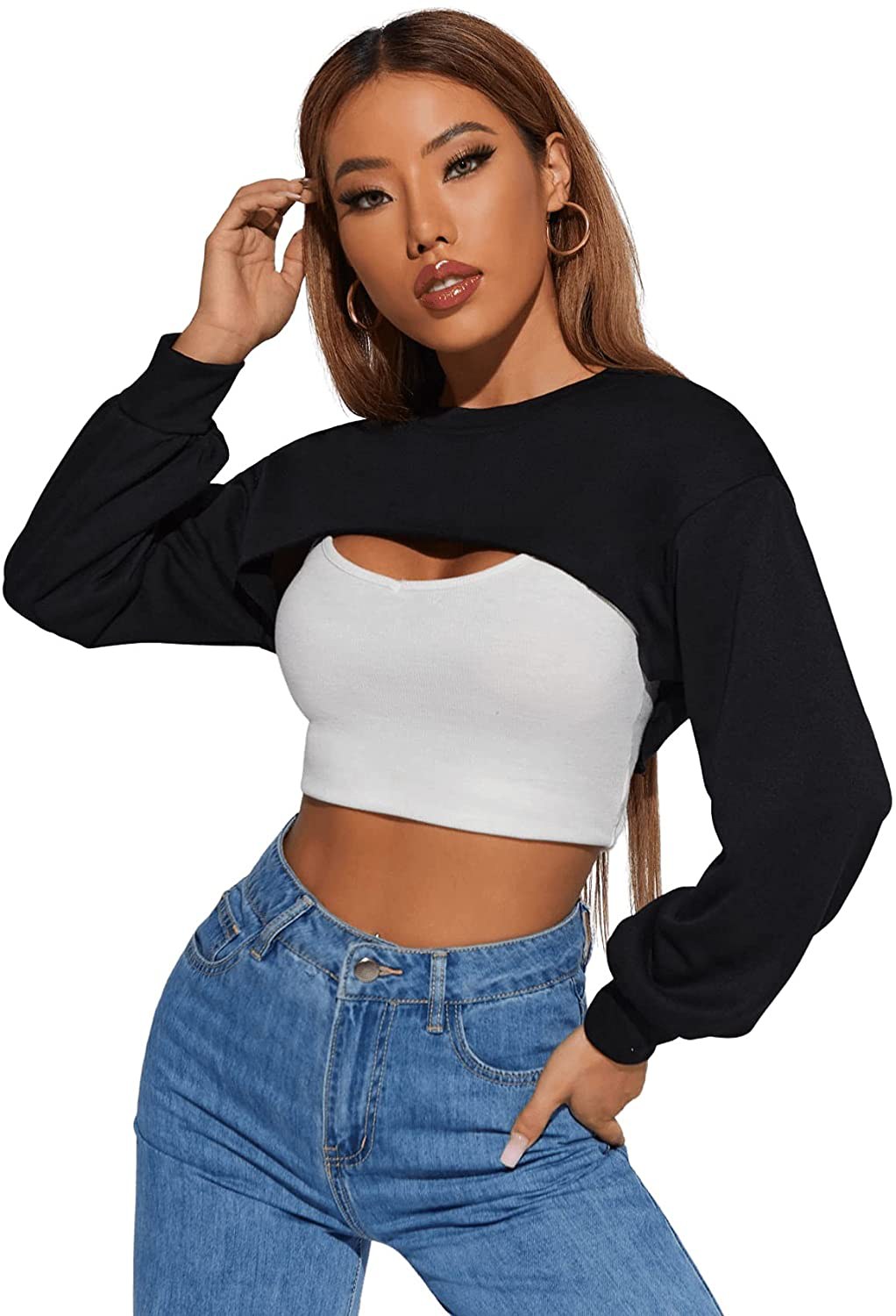 SweatyRocks Women's Casual Solid Cut Out Front Long Sleeve Pullover Crop Top Sweatshirt