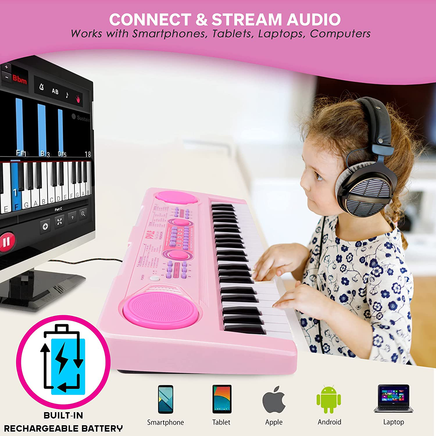 Pyle, Electric Keyboard 49 Keys-Portable Digital Musical Karaoke Piano Keyboard-100 Tunes/Rhythms, 50 Demos, Rechargeable Battery-Wired Microphone-Beginners Kids