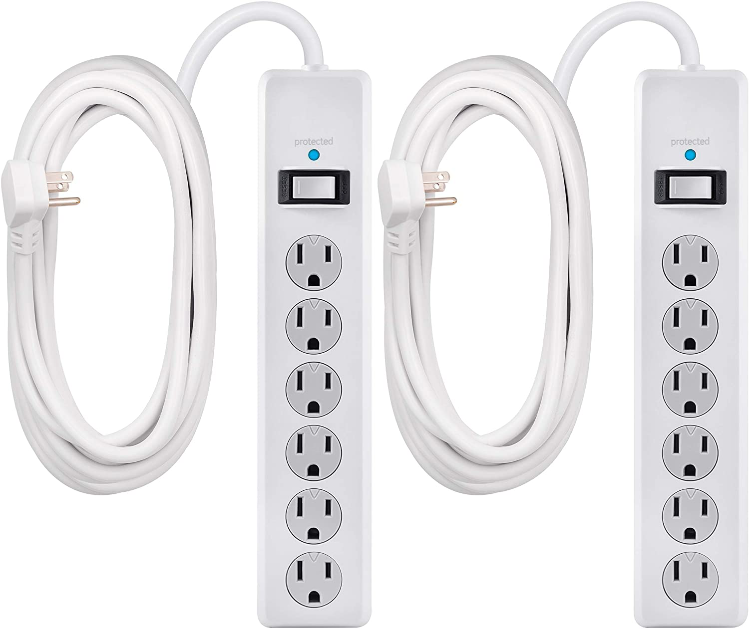 GE 6 Outlet Surge Protector, 10 Ft Extension Cord, Power Strip, 800 Joules, Flat Plug, Twist-to-Close Safety Covers, White, 14092