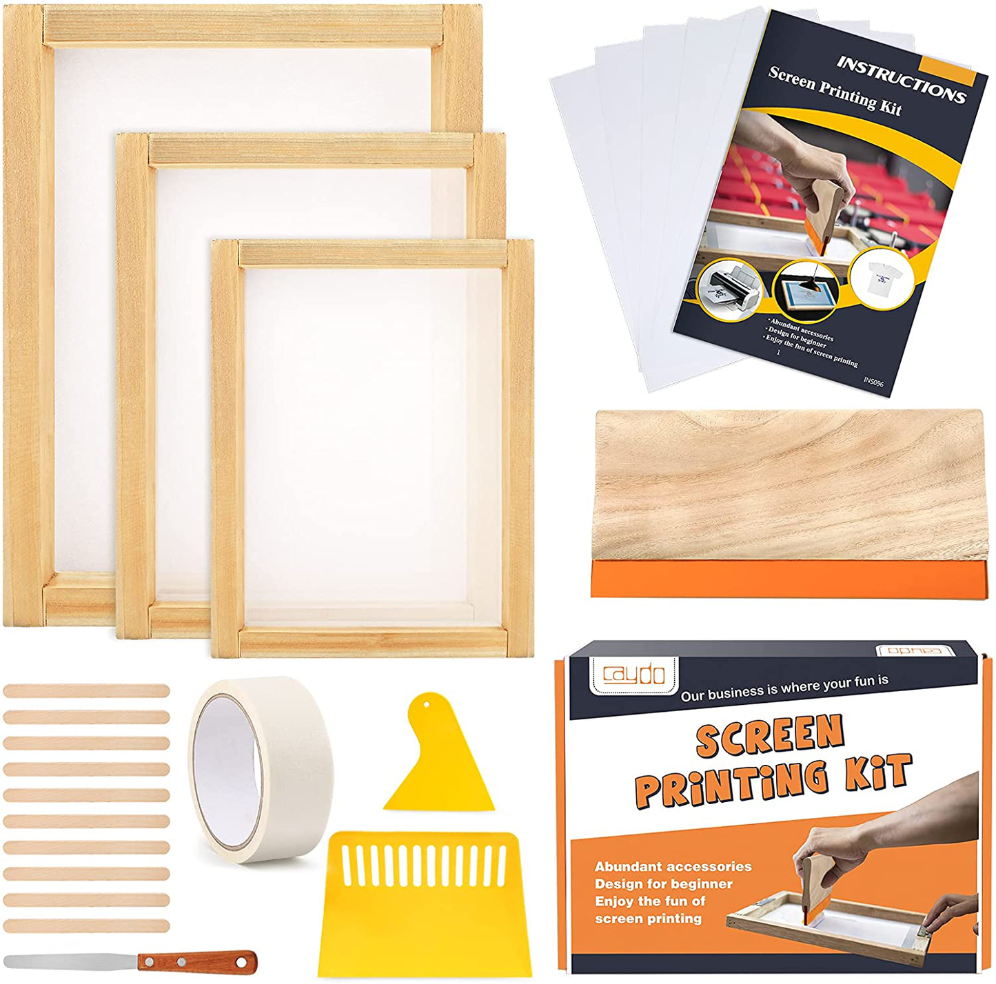 Caydo 23 Pieces Screen Printing Starter kit Include 3 Different Size of Wood Silk Screen Printing Frame with Mesh, Screen Printing Squeegees, Inkjet Transparency Film, Ink Knife, and Mask Tape