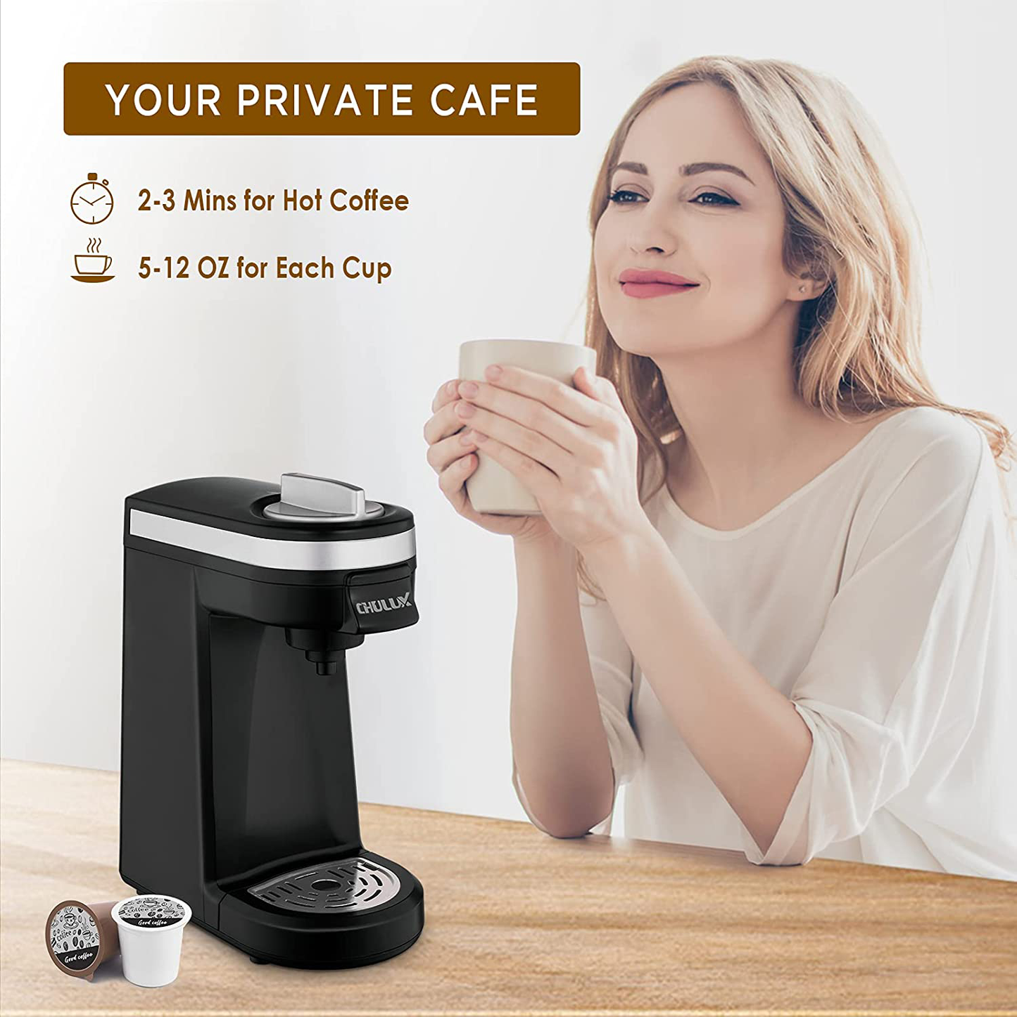 CHULUX Single Serve Coffee Brewer for Pod Capsule with 12 Ounce Built-in Water Tank,800 Watts,Gray