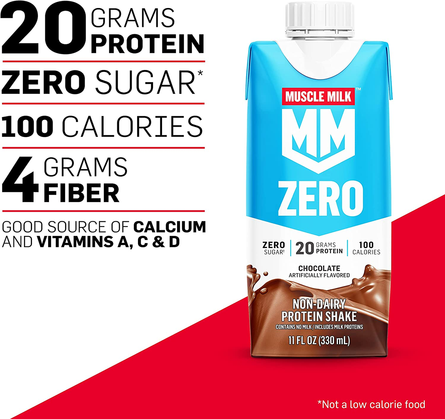 Muscle Milk Zero Protein Shake, Chocolate, 11 Fl Oz Carton, 12 Pack, 20G Protein, Zero Sugar, 100 Calories, Calcium, Vitamins A, C & D, 4G Fiber, Energizing Snack, Workout Recovery, Packaging May Vary
