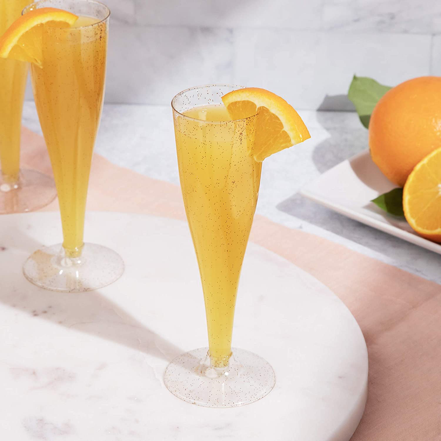 24 Plastic Champagne Flutes Disposable | Gold Glitter Plastic Champagne Glasses for Parties | Glitter Clear Plastic Cups | Plastic Toasting Glasses | Mimosa | Wedding and Shower Party Supplies