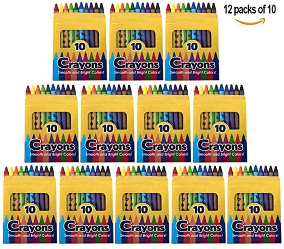 12 Pack Crayons - Wholesale Bright Wax Coloring Crayons in Bulk, 10 per Box, 12 Box Bundle Art Set