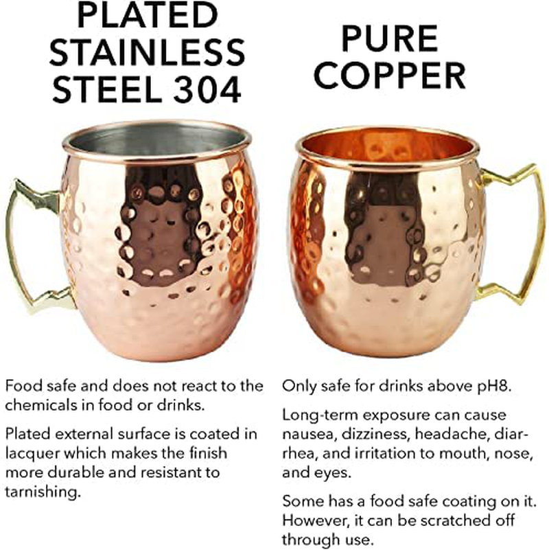 PG Moscow Mule Mugs | Large Size 19 Ounces | Set of 4 Hammered Cups | Stainless Steel Lining | Pure Copper Plating | Gold Brass Handles | 3.7 Inches Diameter X 4 Inches Tall