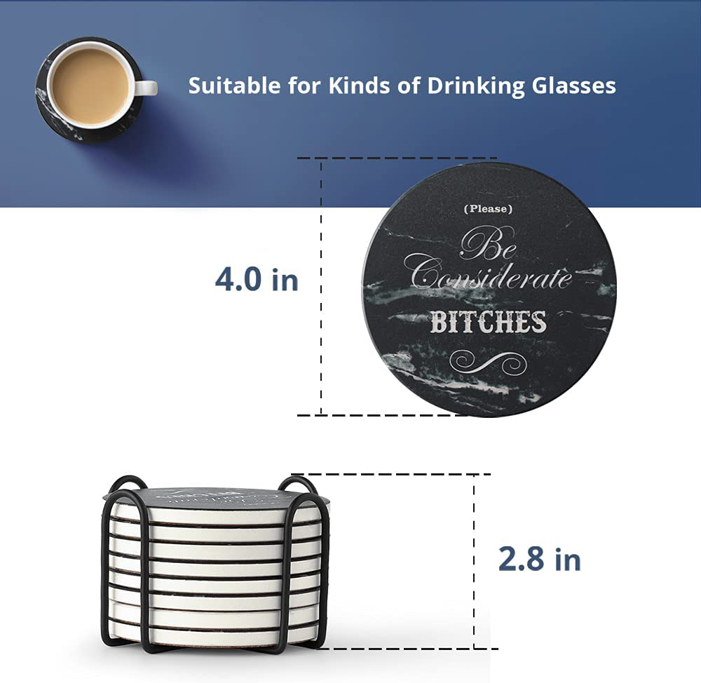 LIFVER Funny Coasters for Drinks Absorbent with Holder,8 Set Coasters with Cork Base, Ceramic White Marble Style Drink Coaster with 4 Sayings for Wooden Table, Bar, Housewarming Gifts