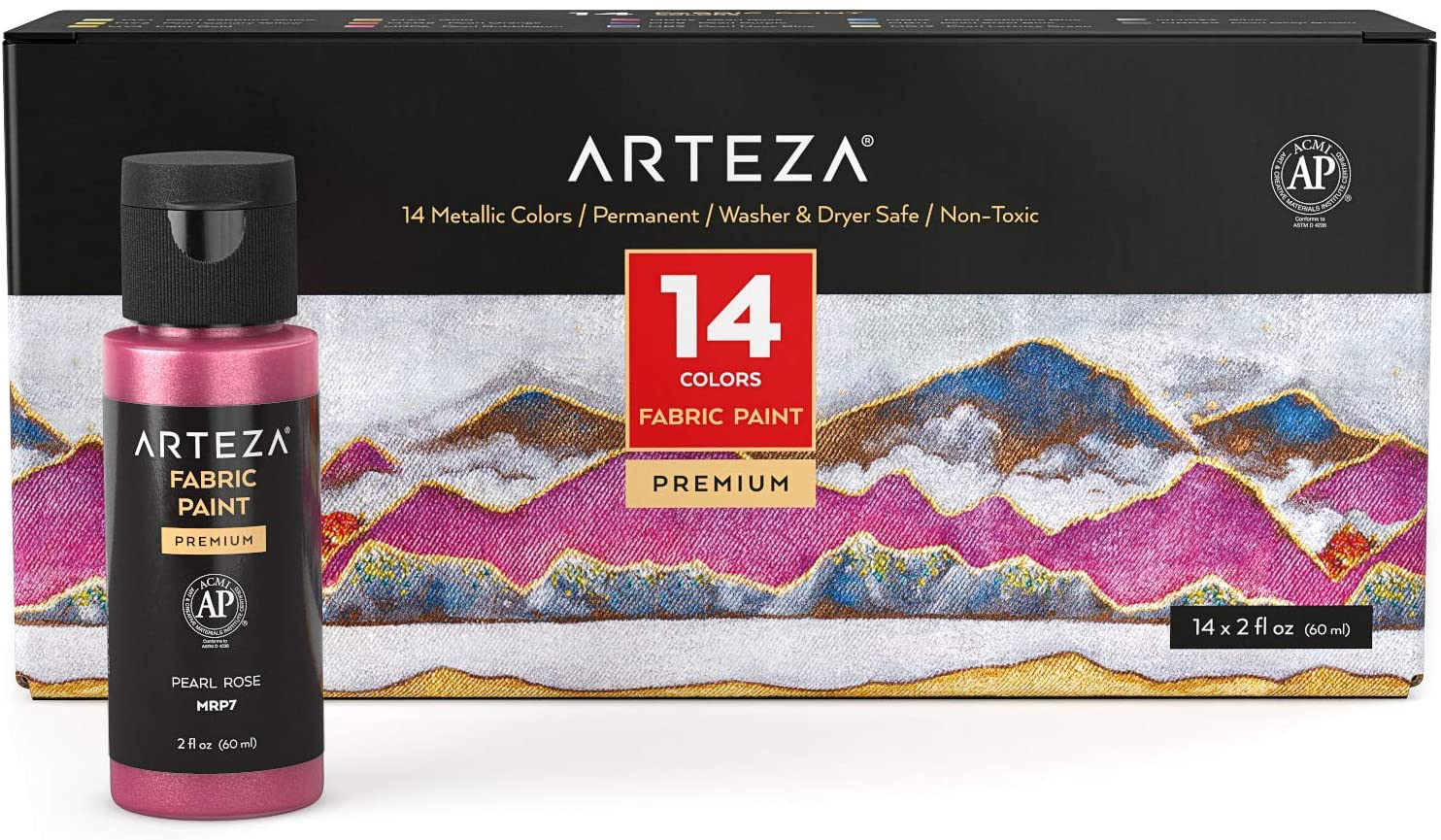 Arteza Metallic Fabric Paint Permanent Colors, Washer & Dryer Safe, Textile Paint for Clothes, T-Shirts, Jeans, Bags, Shoes, DIY Projects & Canvas
