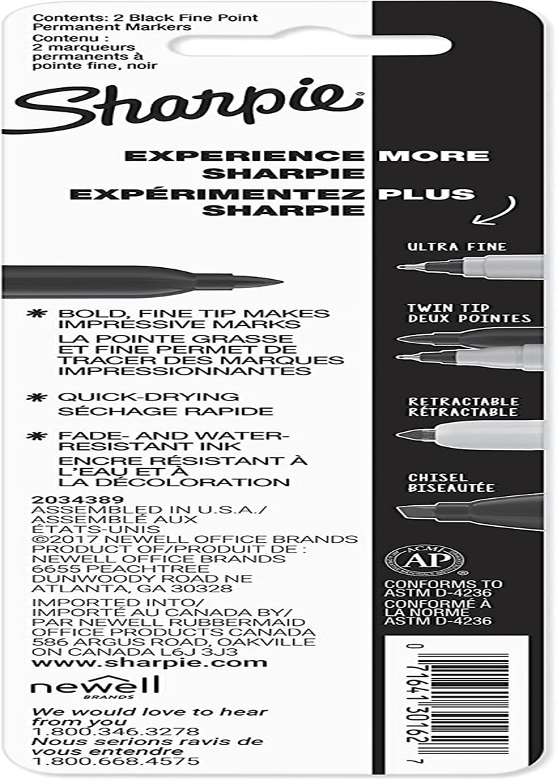 Sharpie 30162PP Permanent Markers, Fine Point, Black, 2 Count