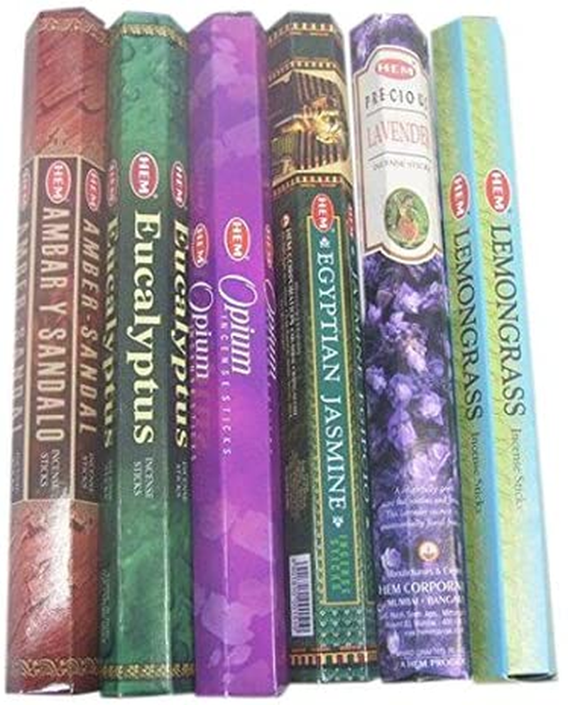 HEM Assorted Best Sellers Incense Sticks Pack of 6 - 120 Sticks, Fragrance - Lemongrass, Lavender, Egyptian Jasmine, Ambar Sandalo, Opium, Eucalyptus