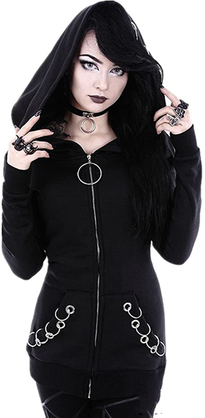 Women Punk Gothic Hoodie Long Sleeve Ring Front Eyelt Zip-up Sweatshirt Jacket Coat