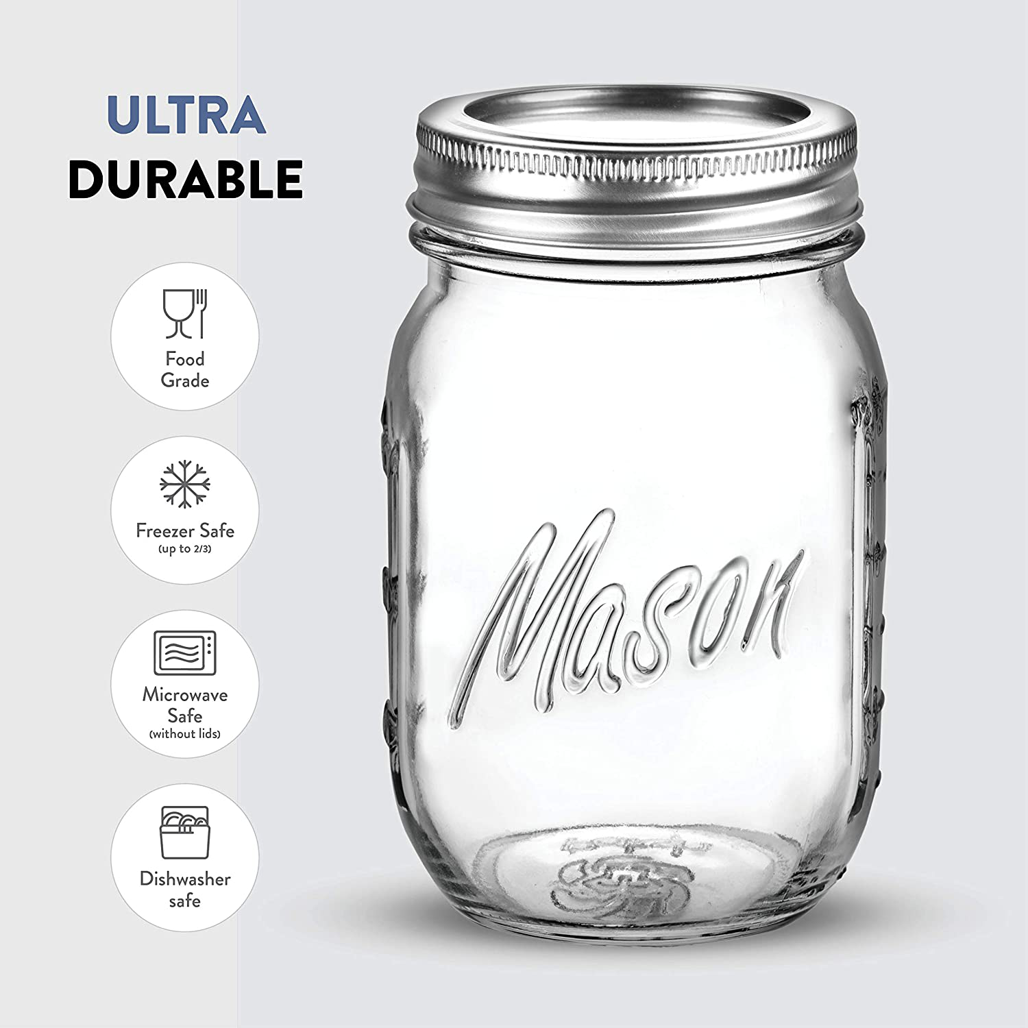 Regular-Mouth Glass Mason Jars, 16-Ounce (4-Pack) Glass Canning Jars with Silver Metal Airtight Lids and Bands with Measurement Marks, for Canning, Preserving, Meal Prep, Overnight Oats, Jam, Jelly,