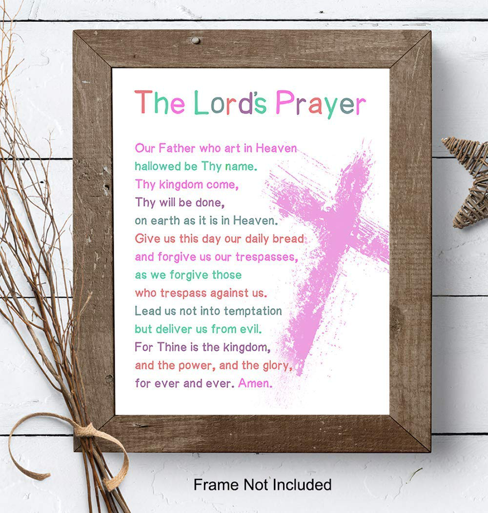 Lords Prayer Bible Verse Wall Art - Religious Scripture Girls Bedroom Decor - Christian Daughter Gifts for Toddler, Baby Girls Room - Blessed Church Sunday School Kids Decorations - Pink Cross Poster