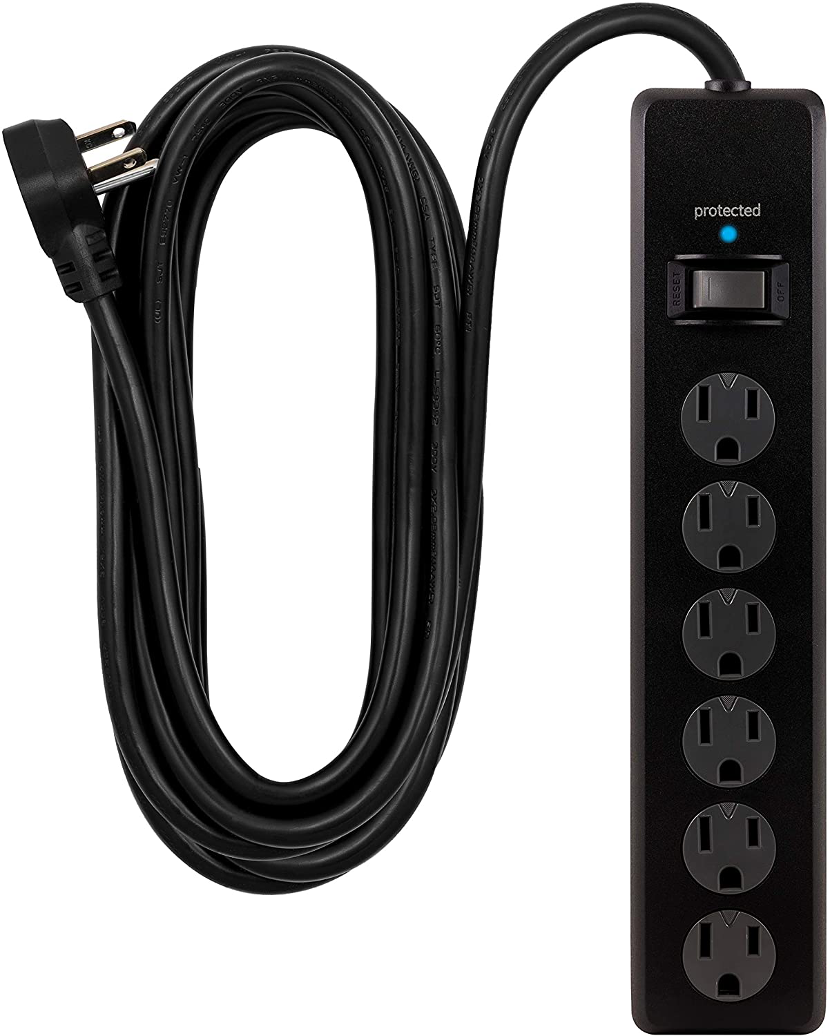 GE 6 Outlet Surge Protector, 10 Ft Extension Cord, Power Strip, 800 Joules, Flat Plug, Twist-to-Close Safety Covers, White, 14092