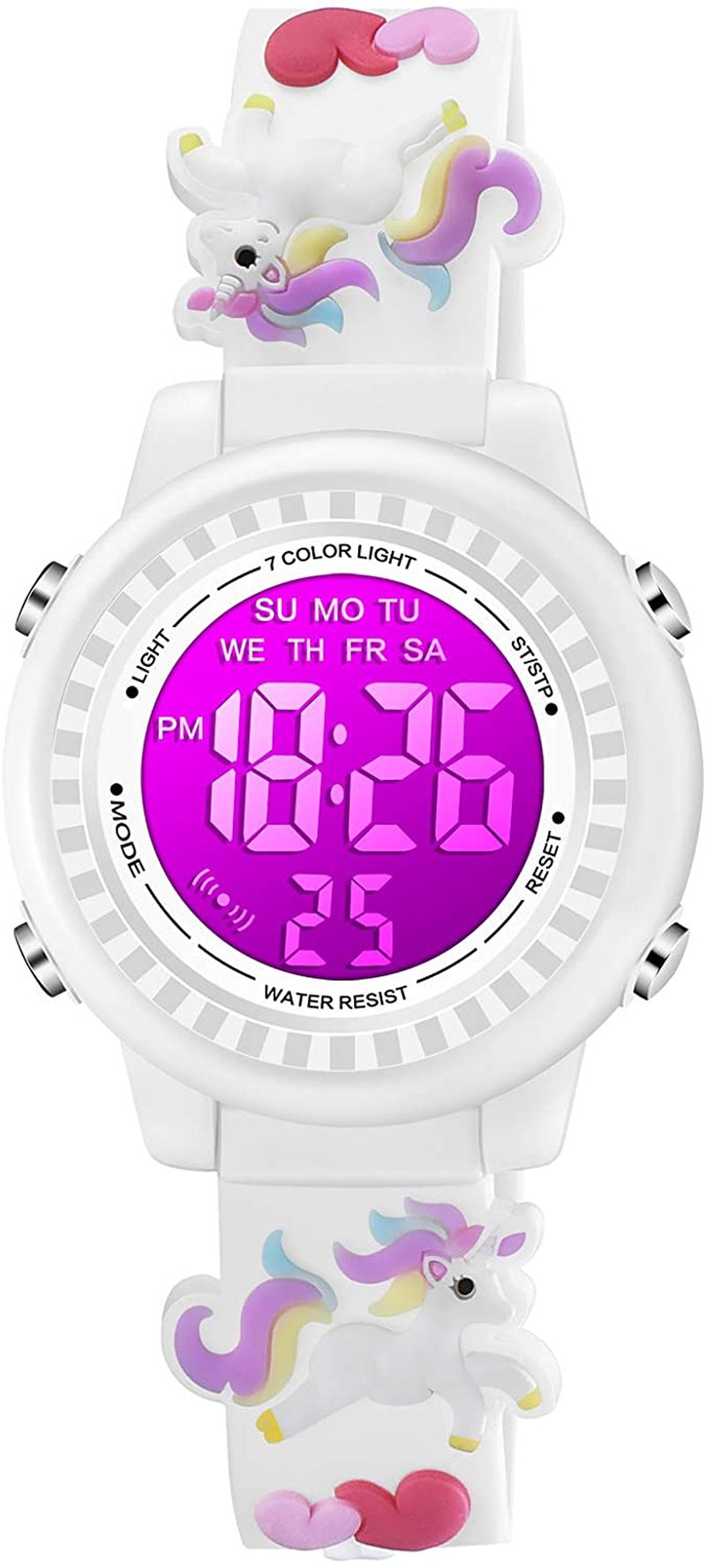 Venhoo Kids Watches 3D Cartoon Waterproof 7 Color Lights Toddler Wrist Digital Watch with Alarm Stopwatch for 3-10 Year Girls Little Child