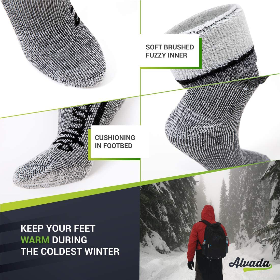 Alvada 80% Merino Wool Hiking Socks Thermal Warm Crew Winter Boot Sock for Men & Women 3 Pairs