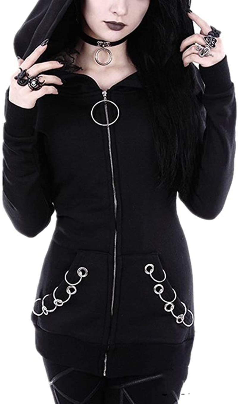 Women Punk Gothic Hoodie Long Sleeve Ring Front Eyelt Zip-up Sweatshirt Jacket Coat