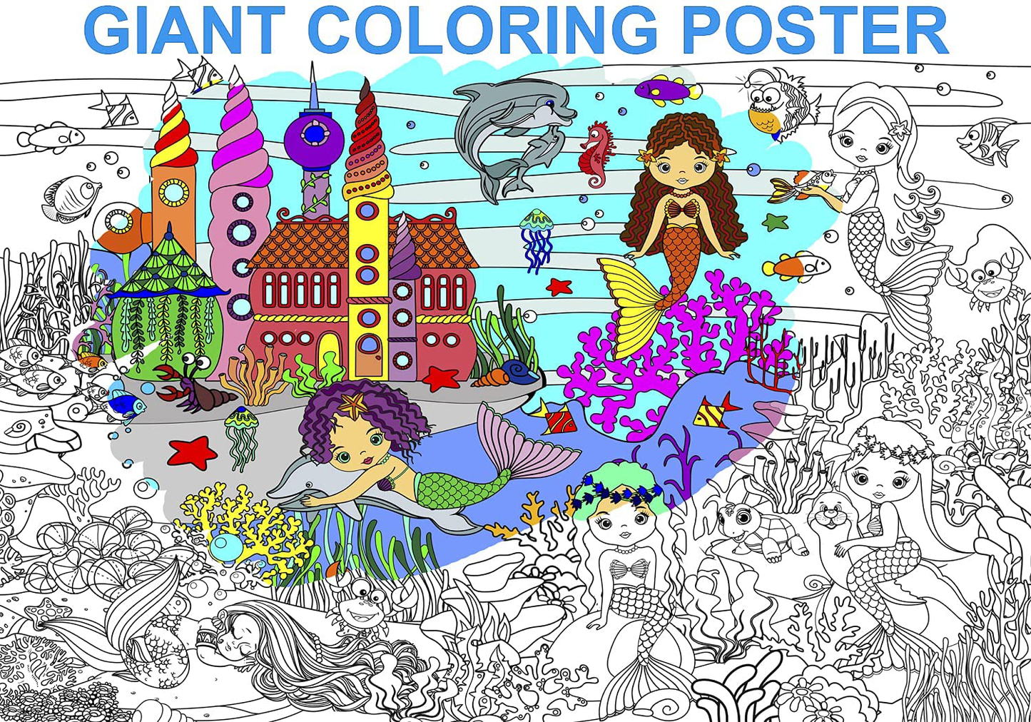 Alex Art, Giant Coloring Poster - Mermaid Large Wall Coloring Pages - Fun Kids Art Project Activities - Jumbo Coloring Sheets Books for Girls - Huge Posters to Color - Big Floor Size 38.5”x26.7”
