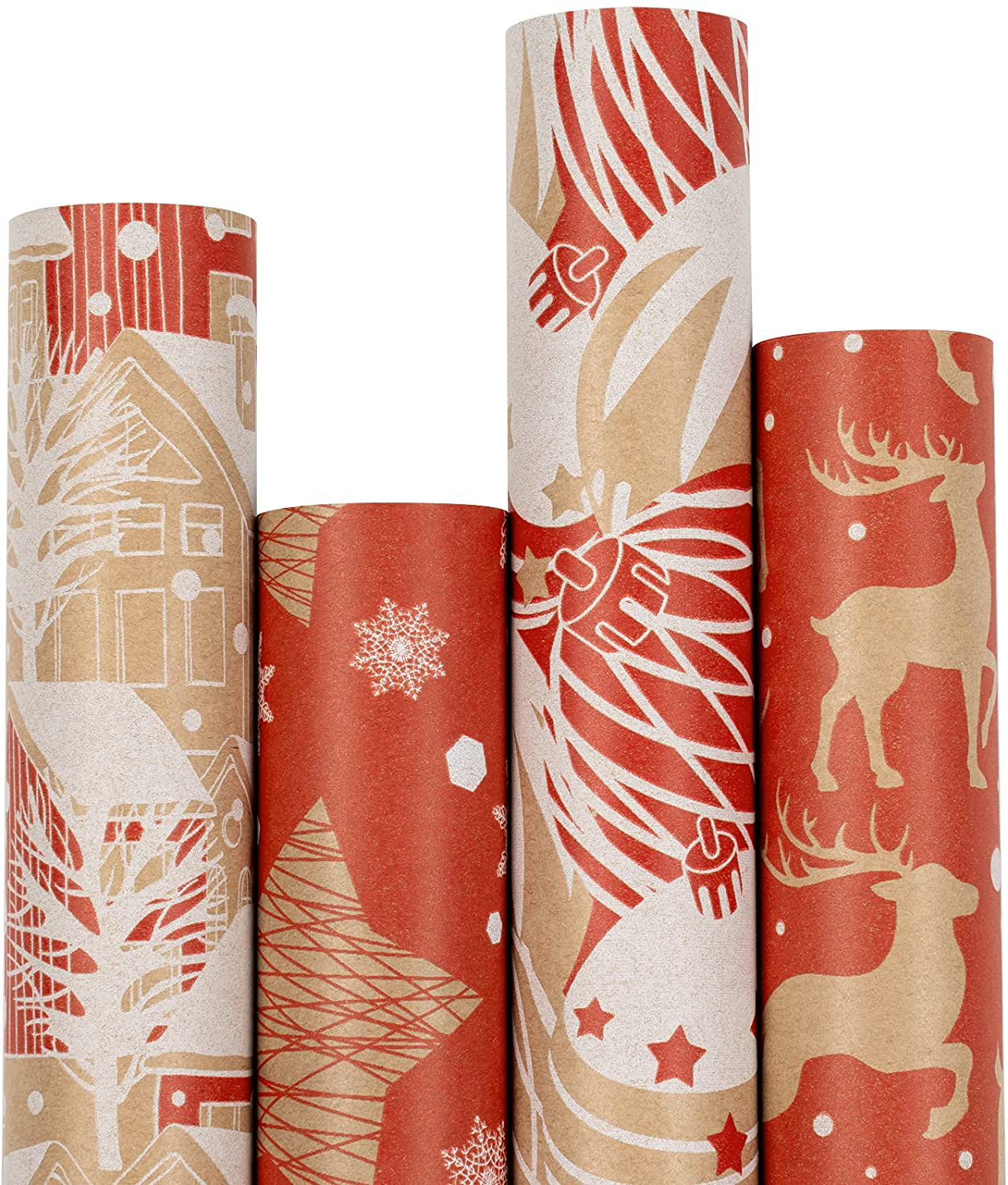 RUSPEPA Christmas Wrapping Paper, Kraft Paper - 4 Rolls - 30 Inches X 10 Feet per Roll