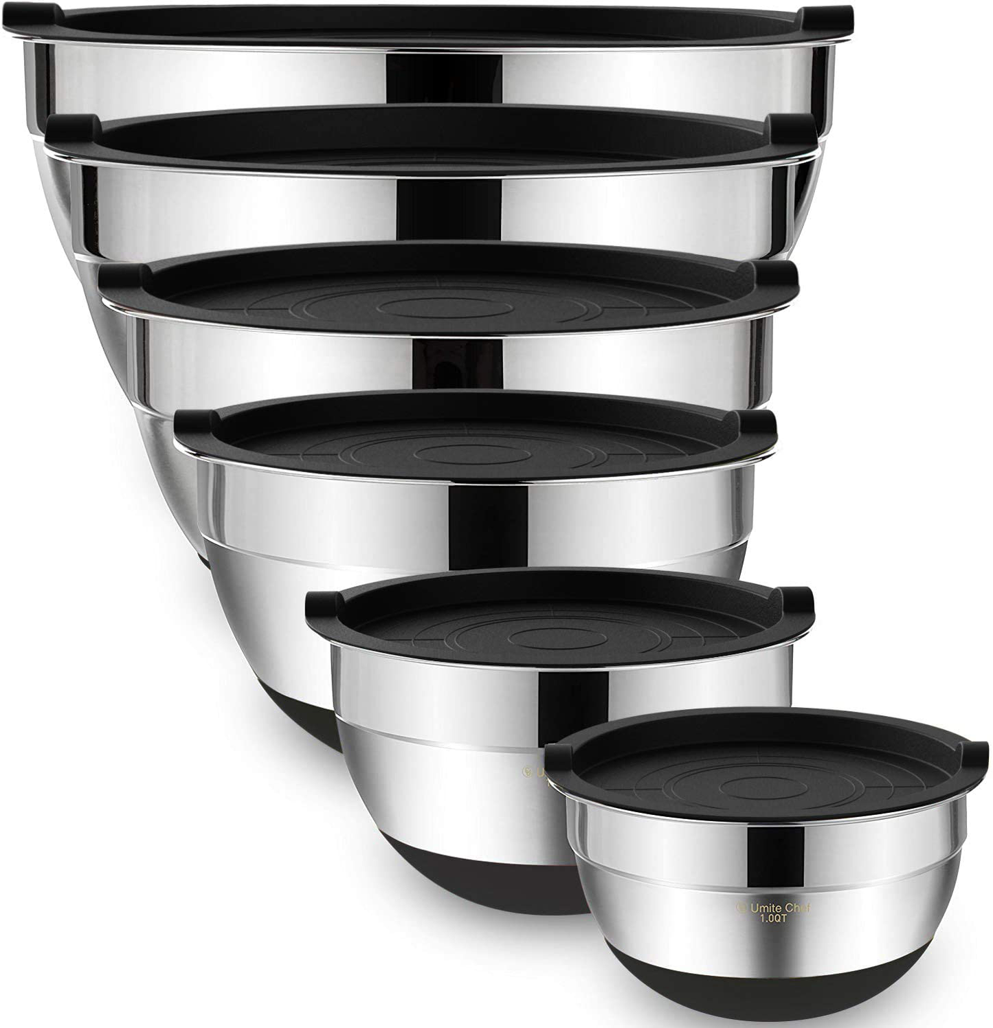 Mixing Bowls with Airtight Lids,6 piece Stainless Steel Metal Nesting Storage Bowls by Umite Chef, Non-Slip Bottoms Size 7, 3.5, 2.5, 2.0,1.5, 1QT, Great for Mixing & Serving(Black)