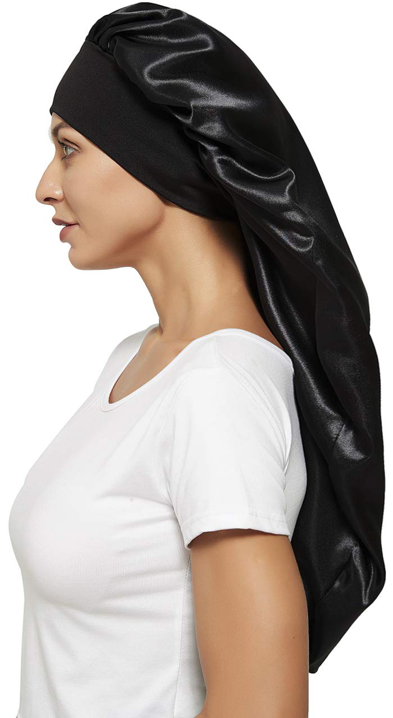 2 Pcs Hair Bonnets for Women Satin, Black Leopard Soft Elastic Band Silky Sleeping Cap Big Bonnets for Women Bonnet for Braids