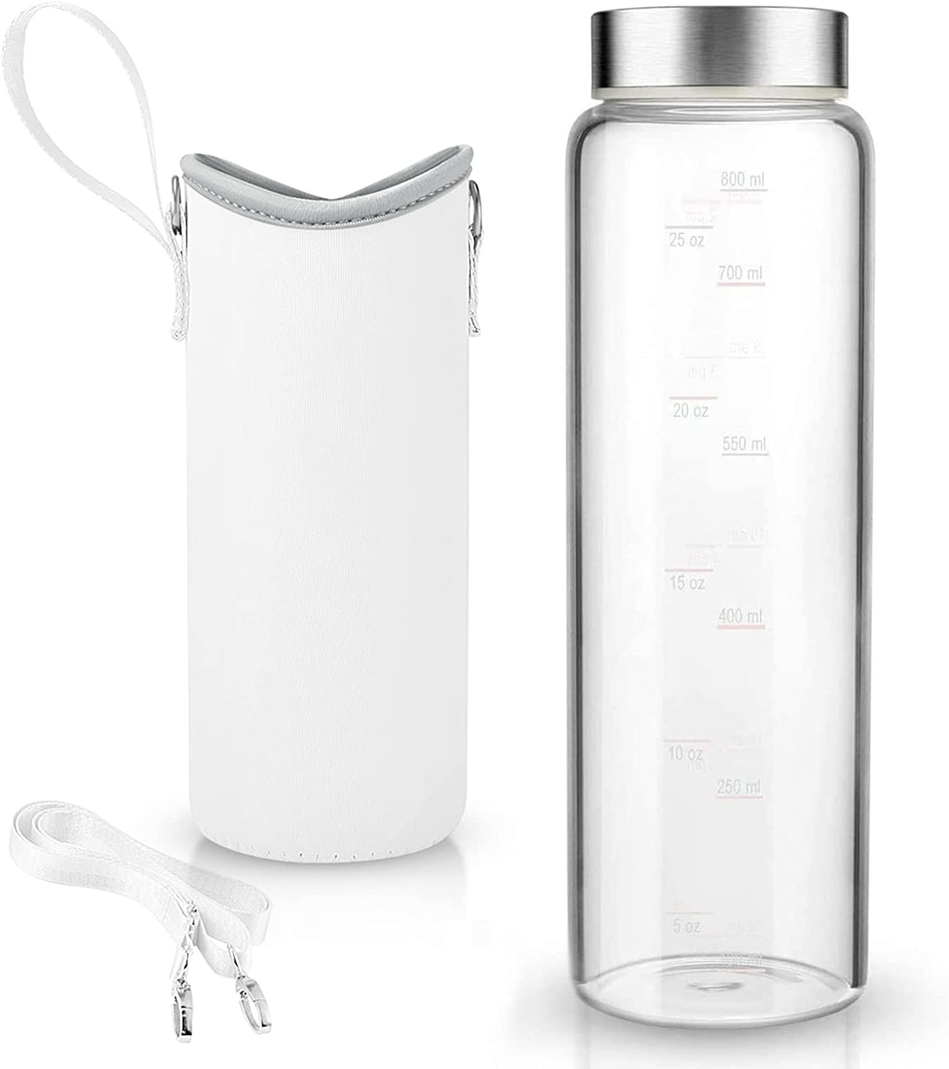 32 Oz Glass Water Bottle - Nylon Bottle Protection Sleeves, Bamboo Lid, and 1L Time Marked Measurements, Reusable, Eco-Friendly, Safe for Hot Liquids Tea Coffee Daily
