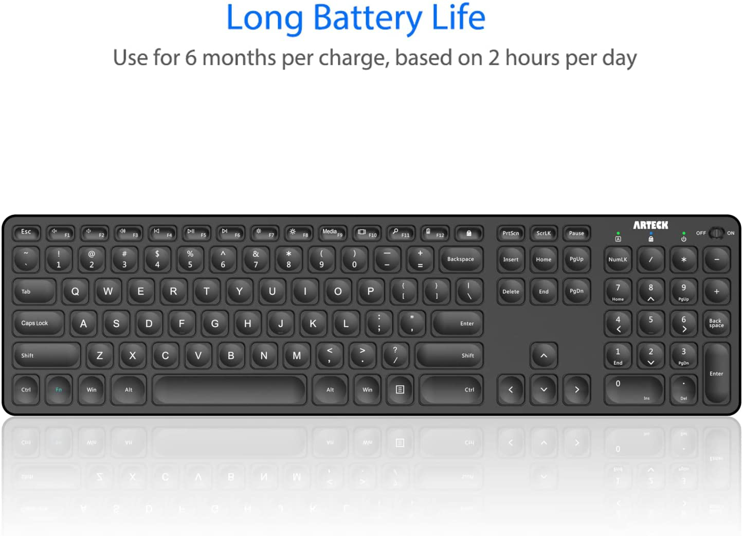 Arteck 2.4G Wireless Keyboard Ultra Slim Full Size Keyboard with Numeric Keypad and Media Hotkey for Computer/Desktop/Pc/Laptop/Surface/Smart TV and Windows 10/8/ 7 Built-In Rechargeable Battery