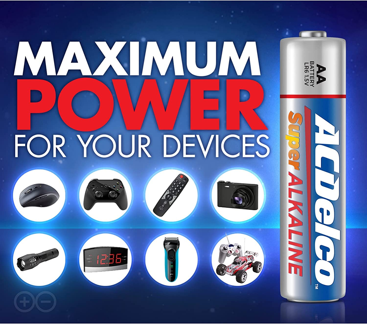 Acdelco AA Batteries, Maximum Power Super Alkaline Battery, 10-Year Shelf Life, Recloseable Packaging, Blue