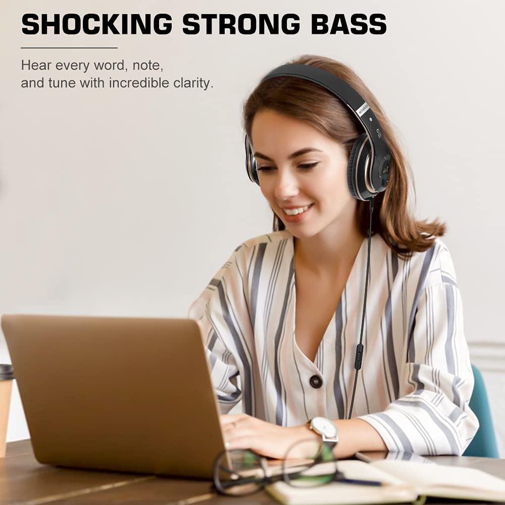 6S Wireless Bluetooth Headphones over Ear, Hi-Fi Stereo Foldable Wireless Stereo Headsets Earbuds with Built-In Mic, Volume Control, FM for Phone/Pc (Black & Gold)