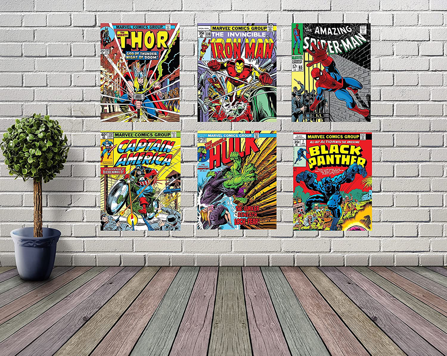 Avengers Wall Art β Superhero Vintage Comic Books DΓ©cor Unframed Set of 6 Prints, 8x10 Inch, Super Heroes Poster Room Decor Black Widow Dr Strange Dead Pool Wolverine Hawk Eye Vision & Scarlet Witch, Vintage Posters for Kids Adults Boys Bedroom (Yellow)