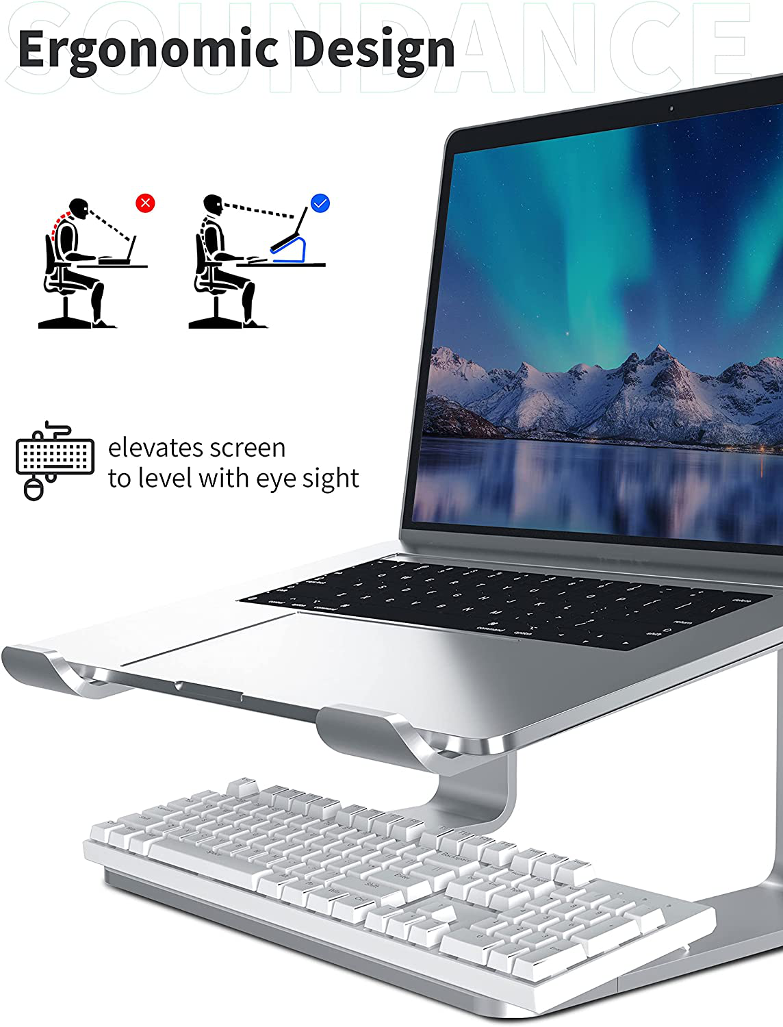 Soundance Laptop Stand, Aluminum Computer Riser, Ergonomic Laptops Elevator for Desk, Metal Holder Compatible with 10 to 15.6 Inches Notebook Computer