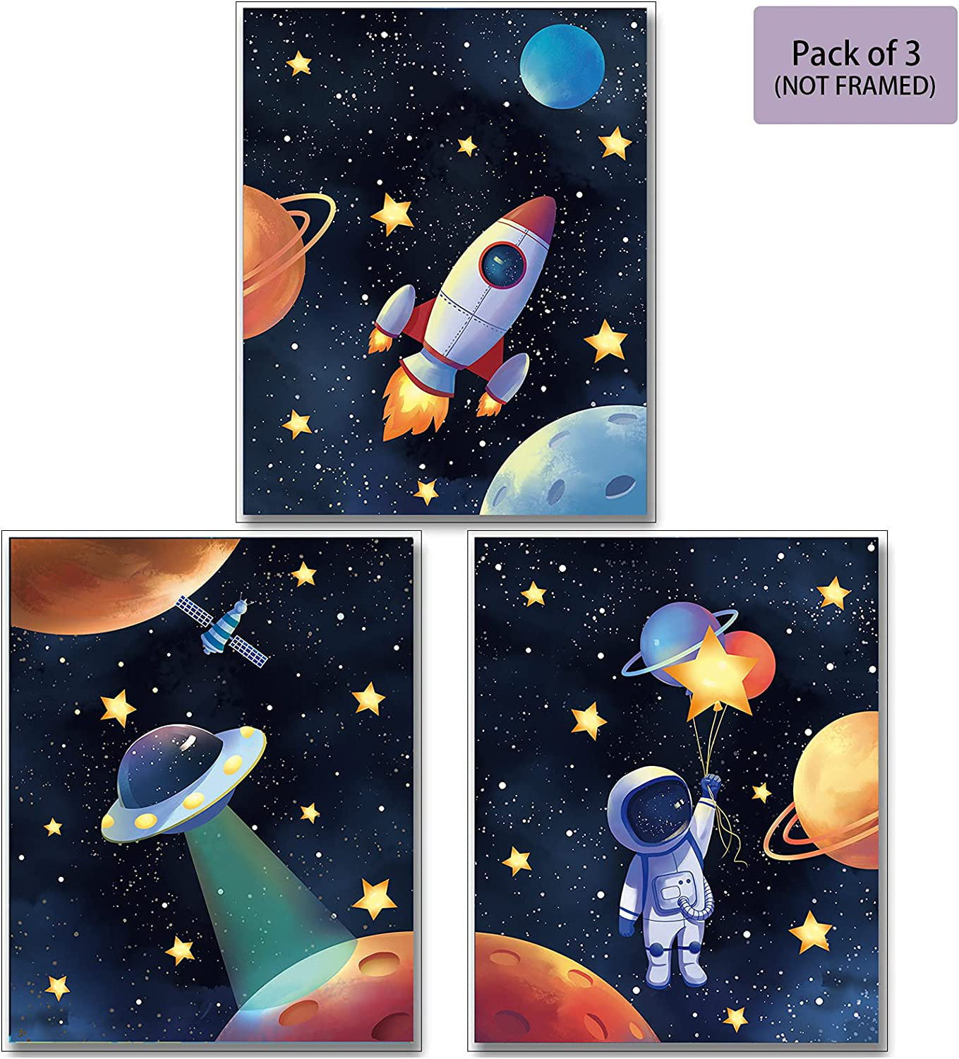MWOOT Space Astronaut Canvas Poster for Boys Bedroom Wall Decor, 3Pcs3 Kids Children Playroom Wall Art Print (30X40CM), Solar System Rocket Wall Poster Large - Room Decoration Accessories (B Series)