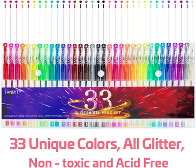 Glitter Gel Pens, 33 Colors Neon Glitter Pens Set Gel Art Markers with 40% More Ink for Adult Coloring Books, Drawing, Journaling, Doodling