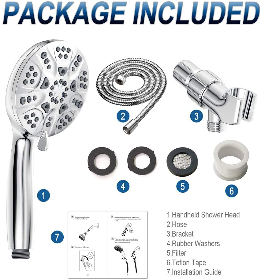 6 Functions Handheld Shower Head Set Hopopro High Pressure Shower Head High Flow Hand Held Showerhead Set with 59 Inch Hose Bracket Teflon Tape Rubber Washers