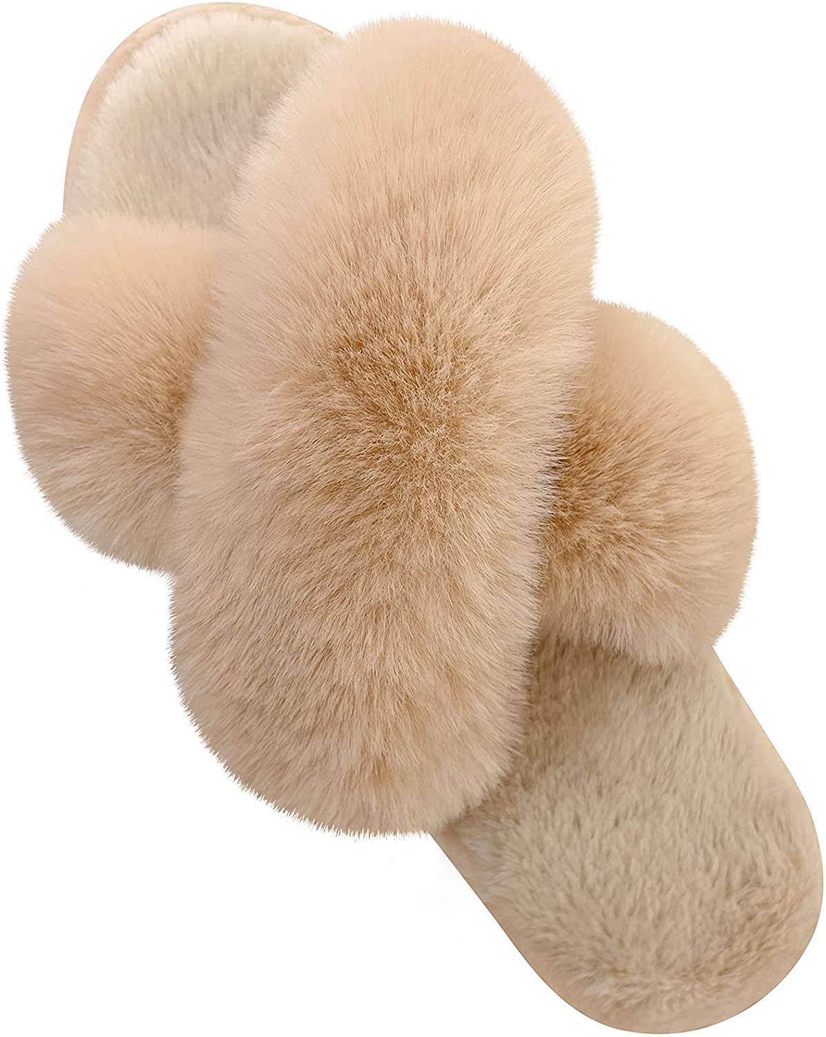 Women'S Cross Band Slippers Soft Plush Furry Cozy Open Toe House Shoes Indoor Outdoor Faux Rabbit Fur Warm Comfy Slip on Breathable