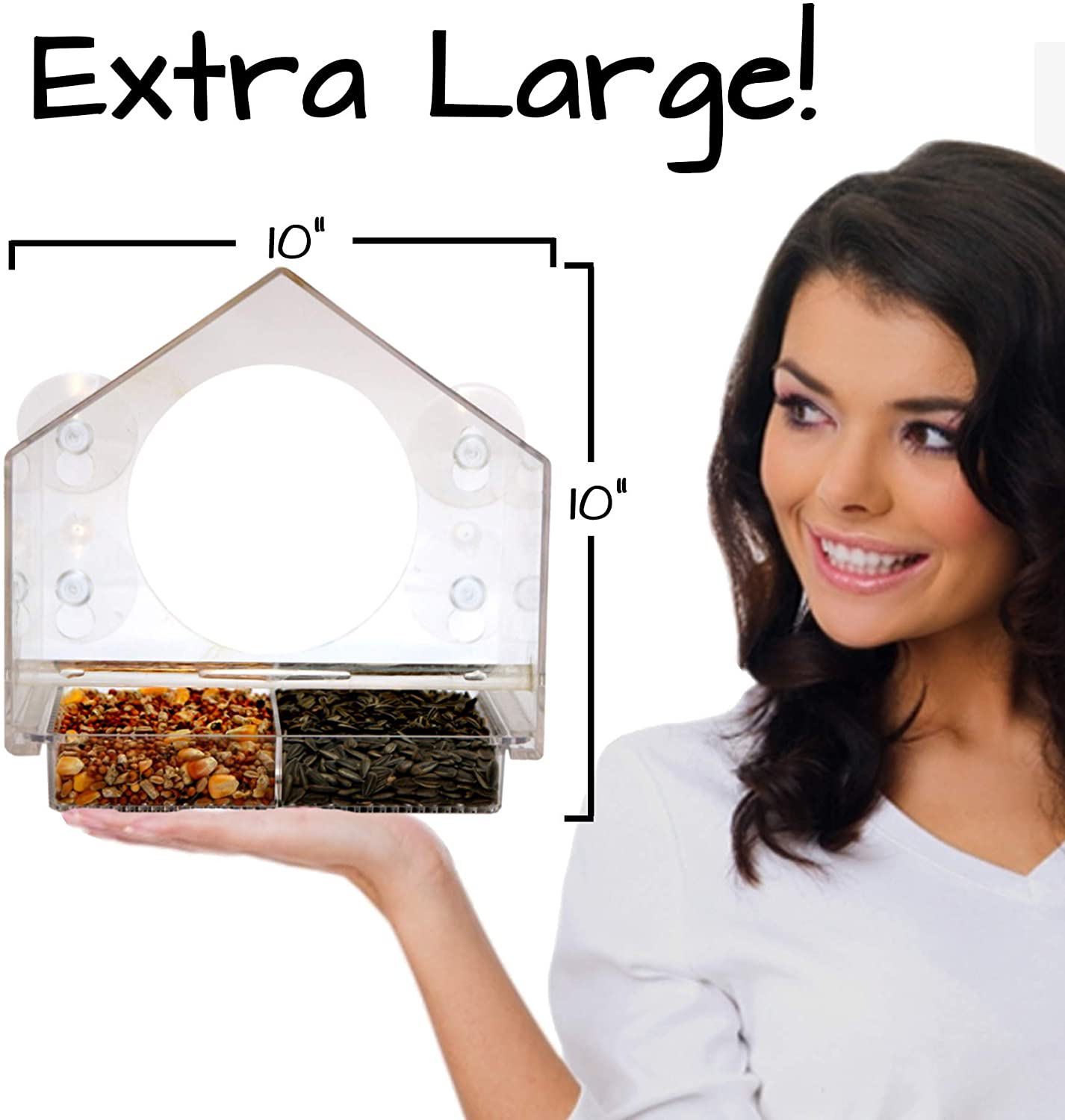 Window Bird House Feeder by Nature Anywhere with Sliding Seed Holder and 4 Extra Strong Suction Cups. Large Outdoor Birdfeeders for Wild Birds. Birdhouse Shape.