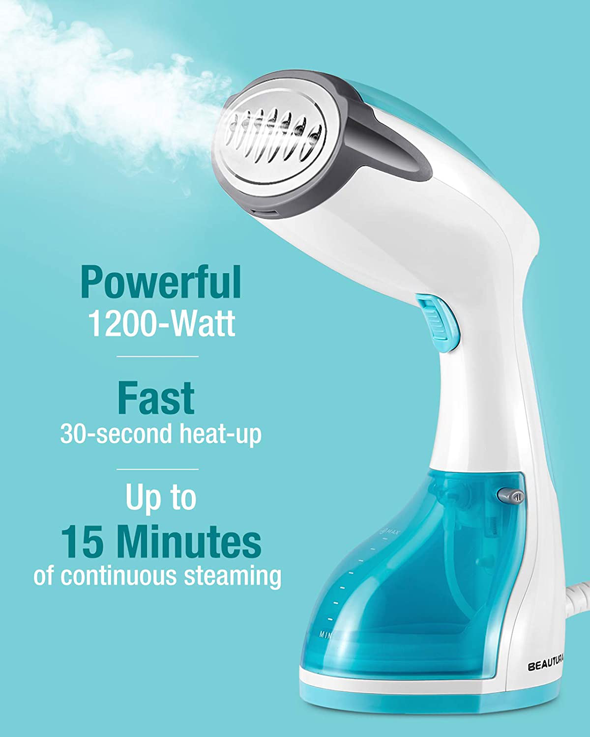 BEAUTURAL Steamer for Clothes with Pump Steam Technology, Portable Handheld Garment Fabric Wrinkles Remover, 30s Fast Heat-up, Auto-Off, Large Detachable Water Tank