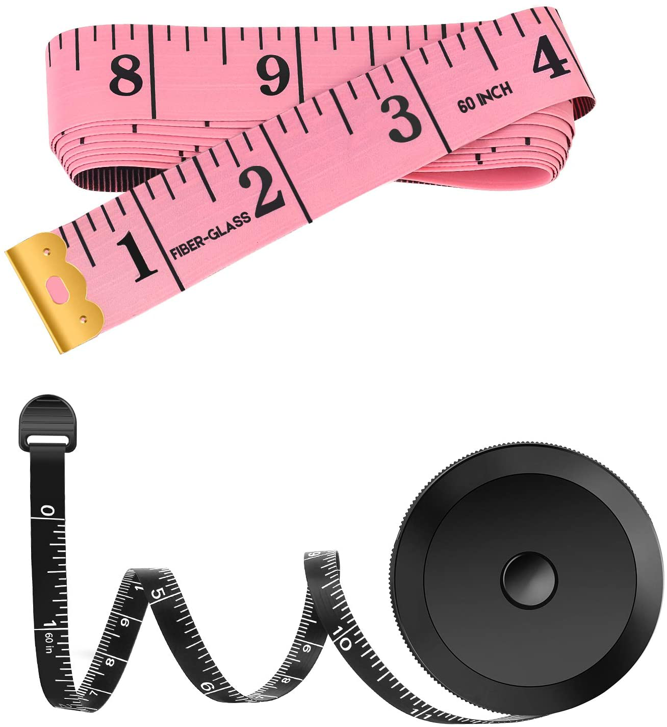 2 Pack Tape Measure Measuring Tape for Body Fabric Sewing Tailor Cloth Knitting Vinyl Home Craft Measurements, 60-Inch Soft Fashion Pink & Retractable Black Double Scales Rulers for Body Weight Loss