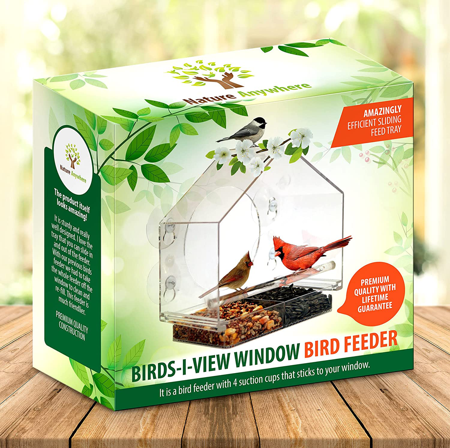 Window Bird House Feeder by Nature Anywhere with Sliding Seed Holder and 4 Extra Strong Suction Cups. Large Outdoor Birdfeeders for Wild Birds. Birdhouse Shape.