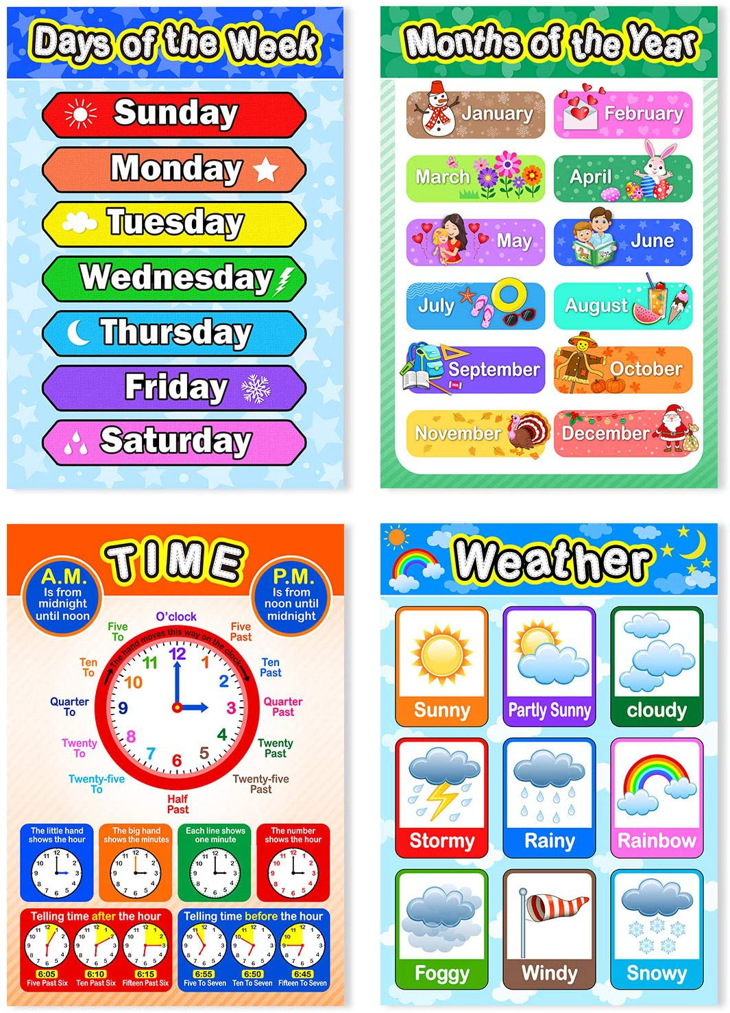 Educational Preschool Poster for Toddler and Kid with Glue Point Dot for Nursery Homeschool Kindergarten Classroom - Teach Numbers Alphabet Colors Days and More 16 x 11 Inch (12 Pieces, English Style)