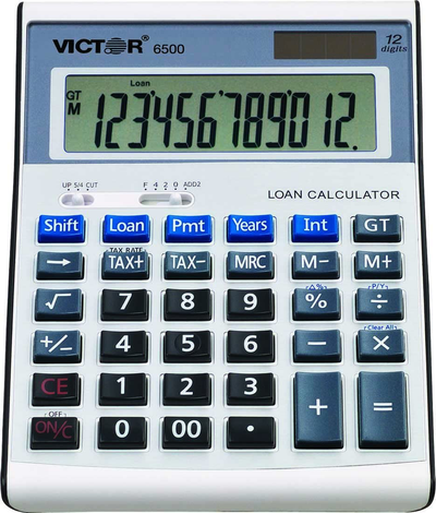 Victor 6500 12-Digit Desktop Financial Calculator, Loan & Mortgage Payments and Interest Calculator for Real Estate, Cars, Boats, and Homes. Battery and Solar Hybrid Powered LCD Display, White