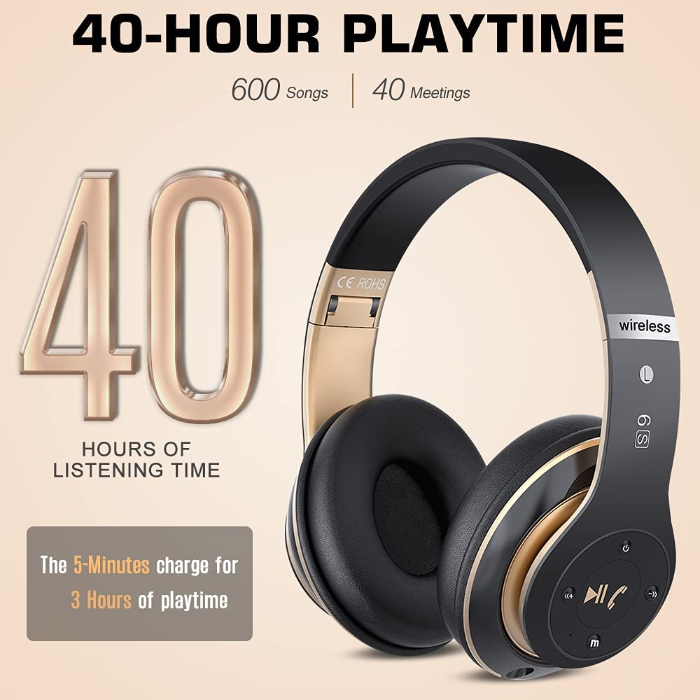 6S Wireless Bluetooth Headphones over Ear, Hi-Fi Stereo Foldable Wireless Stereo Headsets Earbuds with Built-In Mic, Volume Control, FM for Phone/Pc (Black & Gold)