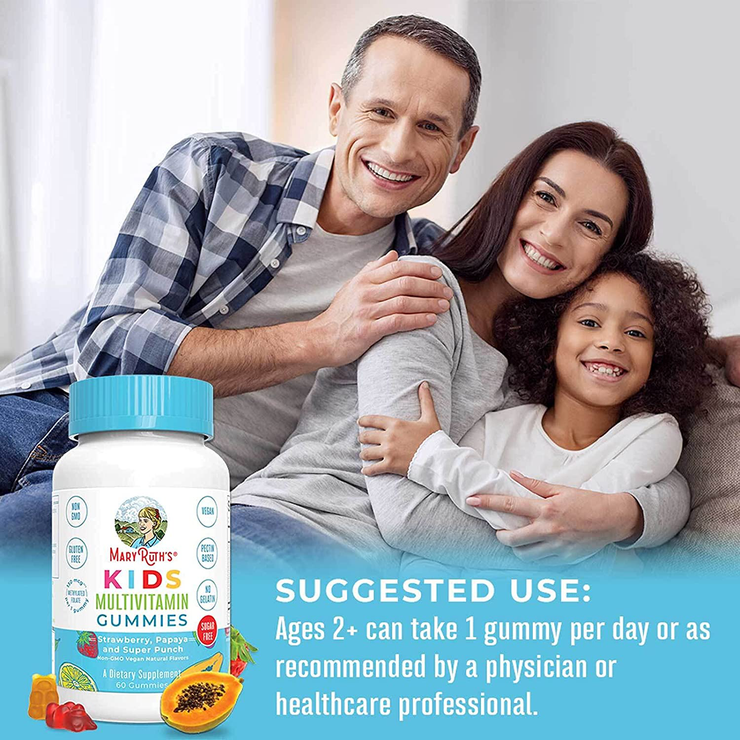 Vegan Kids Multivitamin Gummies by MaryRuth's | 2 Month Supply | Organic Ingredients for Immunity Bones Muscles | 260 mcg Methylfolate Sugar Free Non-GMO | Great Tasting Chewable Vitamins for Children