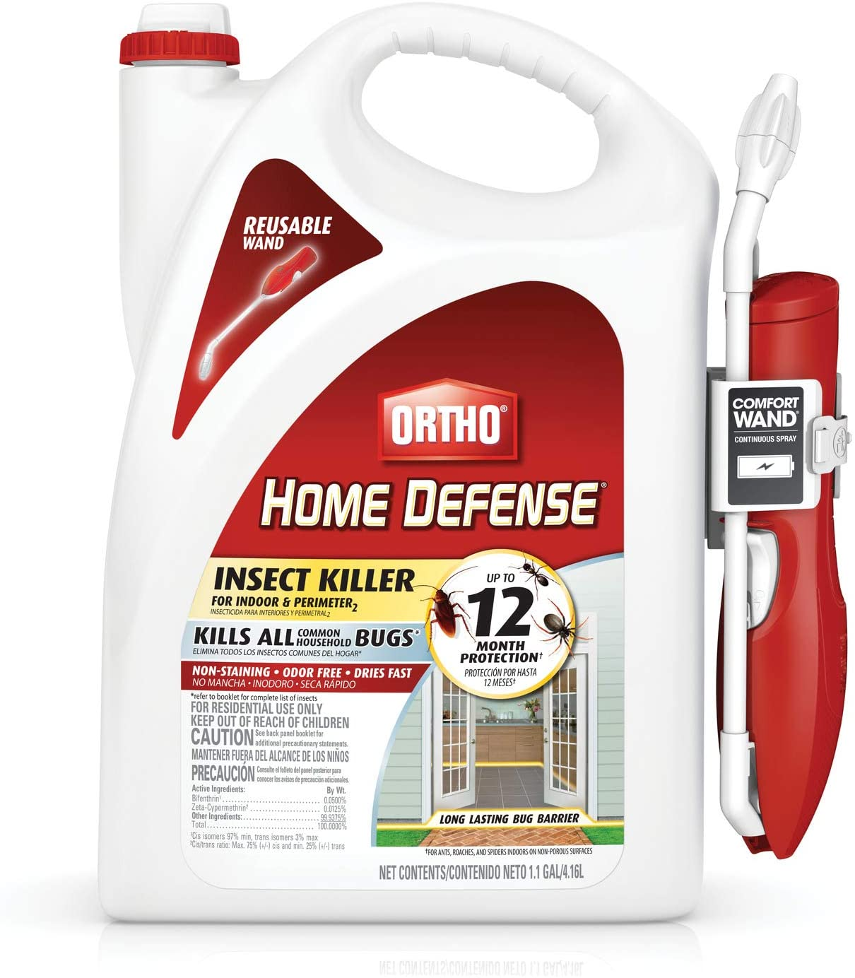 Ortho Home Defense Insect Killer for Indoor & Perimeter2: with Comfort Wand, Kills Ants, Cockroaches, Spiders, Fleas & Ticks, Odor Free, 1.1 Gal.